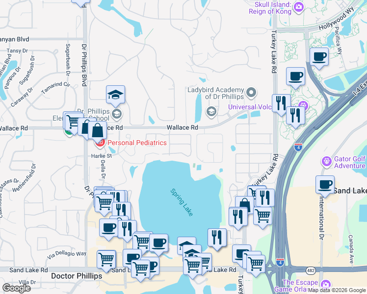 map of restaurants, bars, coffee shops, grocery stores, and more near 7426 Green Tree Drive in Orlando