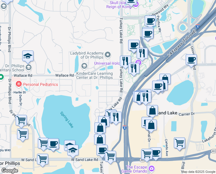 map of restaurants, bars, coffee shops, grocery stores, and more near 6898 Dolce Way in Orlando