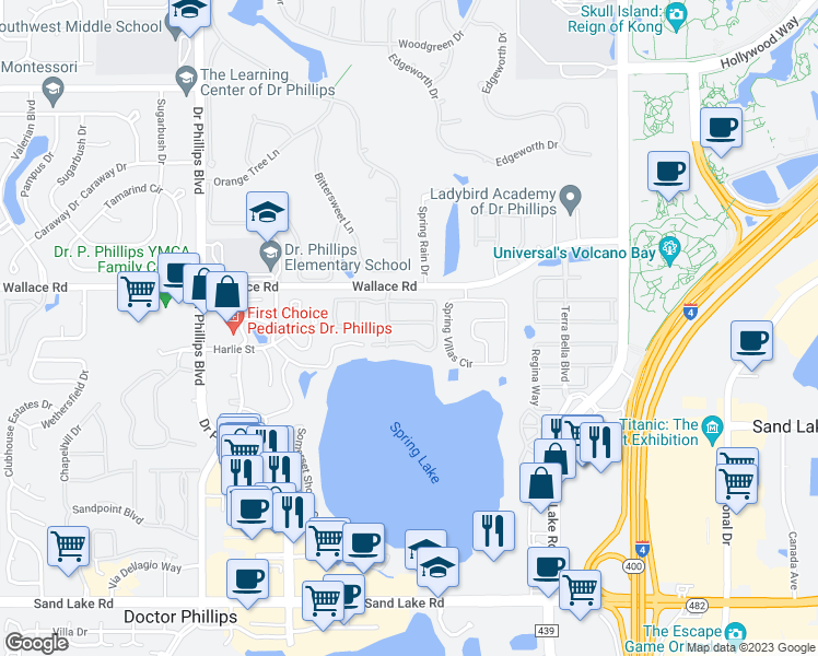 map of restaurants, bars, coffee shops, grocery stores, and more near 7426 Green Tree Drive in Orlando