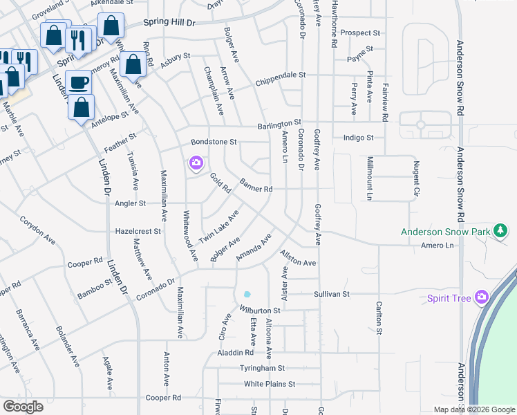 map of restaurants, bars, coffee shops, grocery stores, and more near 1501 Bolger Avenue in Spring Hill
