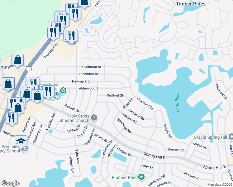 map of restaurants, bars, coffee shops, grocery stores, and more near 6271 Radford Street in Spring Hill