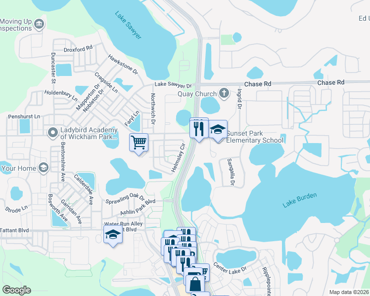 map of restaurants, bars, coffee shops, grocery stores, and more near 6645 Helmsley Circle in Windermere