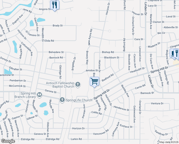 map of restaurants, bars, coffee shops, grocery stores, and more near 1488 Breezy Way in Spring Hill