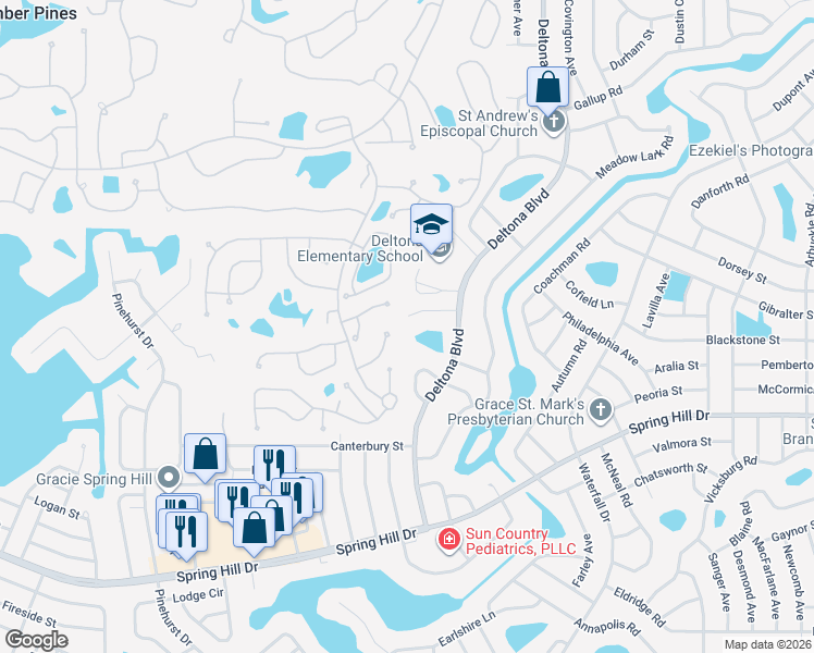 map of restaurants, bars, coffee shops, grocery stores, and more near 1472 Willow Creek Terrace in Spring Hill