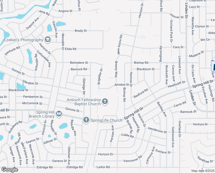 map of restaurants, bars, coffee shops, grocery stores, and more near 9431 Amidon Street in Spring Hill