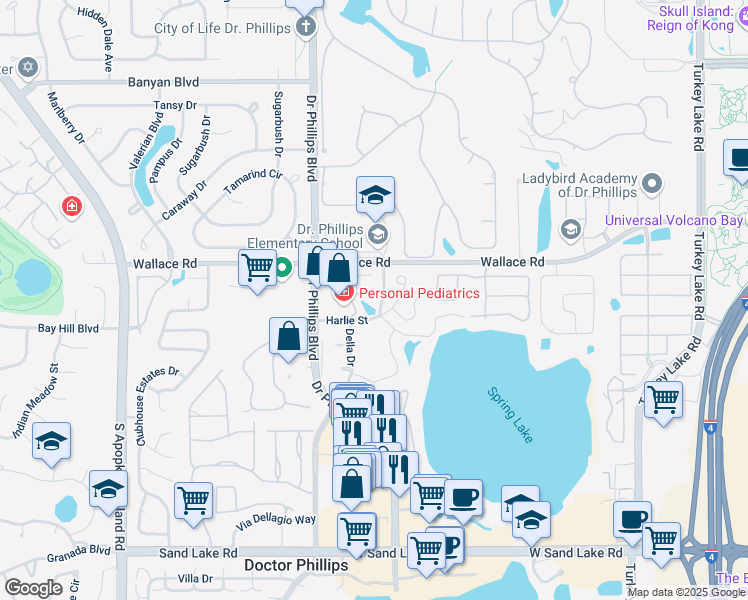 map of restaurants, bars, coffee shops, grocery stores, and more near 7700 Carriage Homes Drive in Orlando