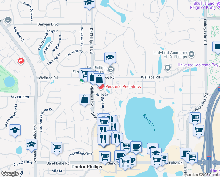map of restaurants, bars, coffee shops, grocery stores, and more near 7700 Carriage Homes Drive in Orlando