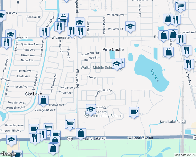 map of restaurants, bars, coffee shops, grocery stores, and more near 6713 Lodge Avenue in Orlando