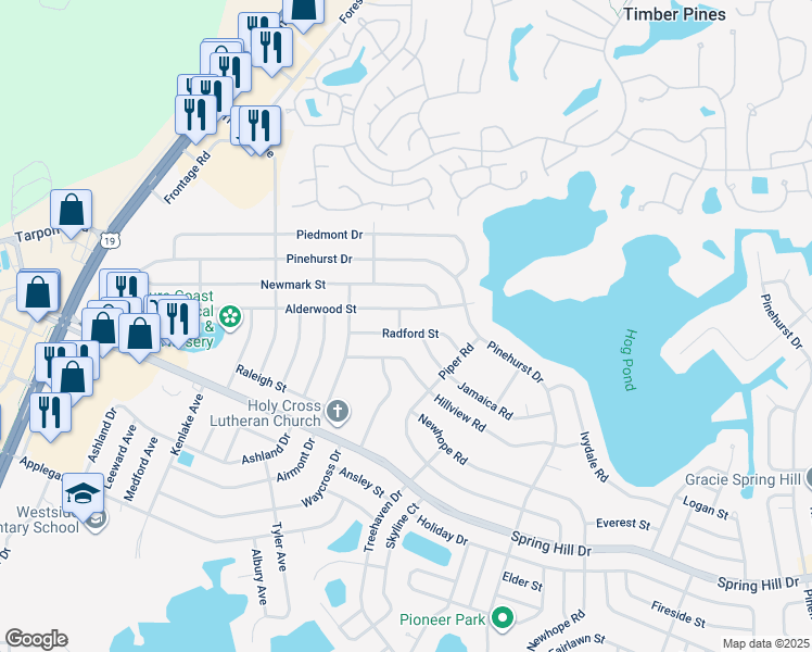 map of restaurants, bars, coffee shops, grocery stores, and more near 6271 Radford Street in Spring Hill