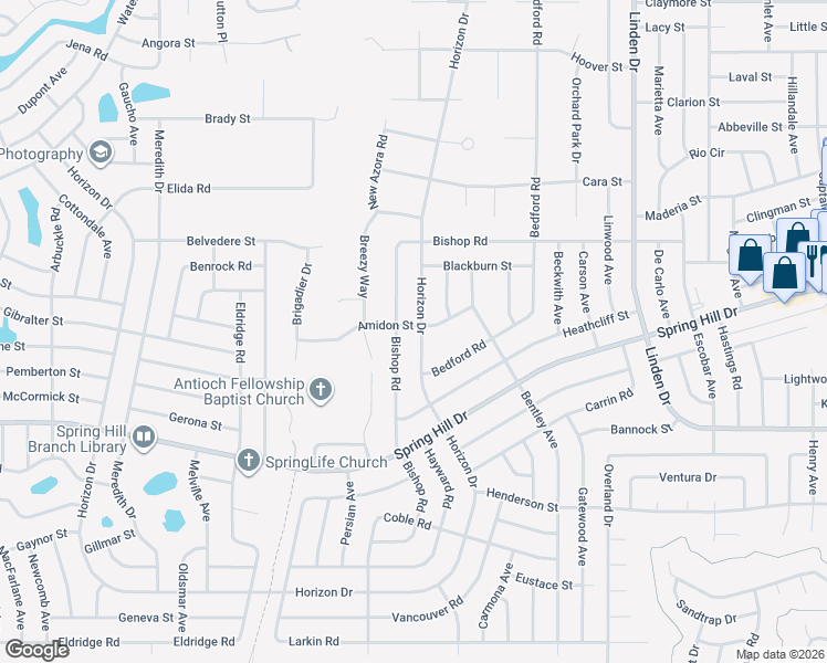 map of restaurants, bars, coffee shops, grocery stores, and more near 10433 Horizon Drive in Spring Hill