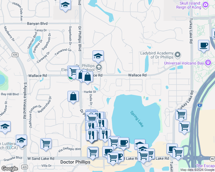 map of restaurants, bars, coffee shops, grocery stores, and more near 7342 Harlie Street in Orlando