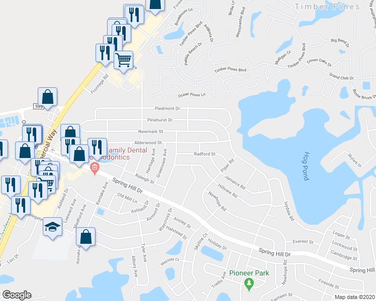 map of restaurants, bars, coffee shops, grocery stores, and more near 6233 Radford Street in Spring Hill