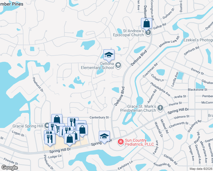 map of restaurants, bars, coffee shops, grocery stores, and more near 1472 Willow Creek Terrace in Spring Hill