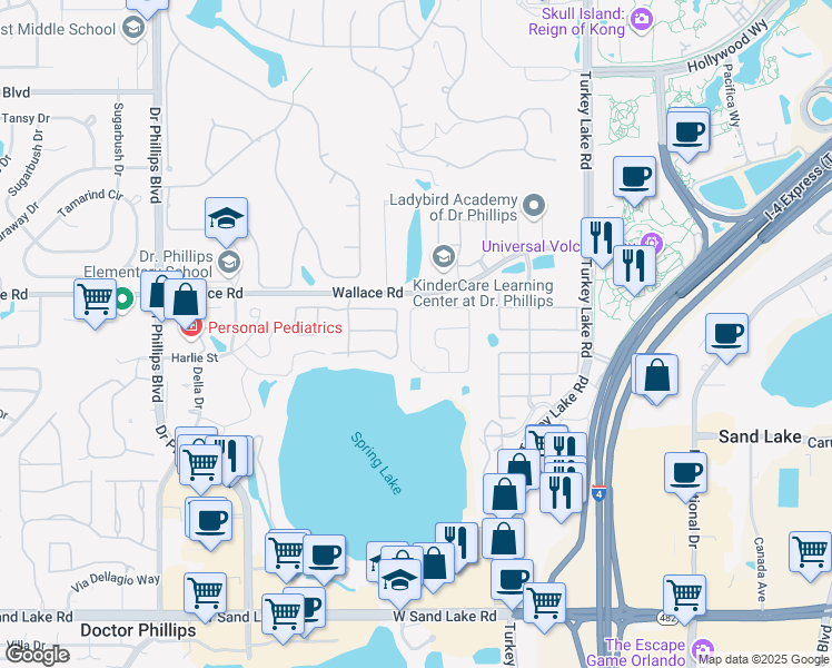 map of restaurants, bars, coffee shops, grocery stores, and more near 7424 Spring Villas Circle in Orlando