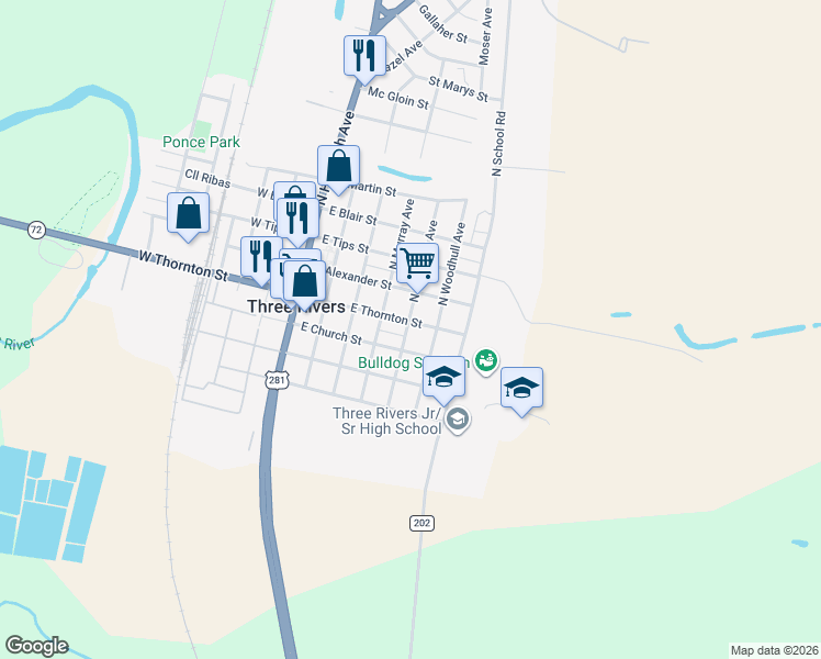 map of restaurants, bars, coffee shops, grocery stores, and more near 103 South Hermann Avenue in Three Rivers