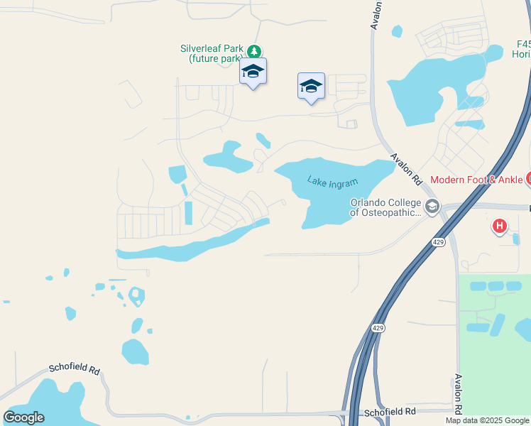 map of restaurants, bars, coffee shops, grocery stores, and more near 17439 Lake Ingram Road in Winter Garden