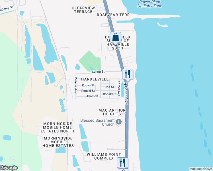 map of restaurants, bars, coffee shops, grocery stores, and more near 322 Iris Street in Cocoa