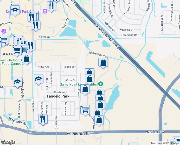 map of restaurants, bars, coffee shops, grocery stores, and more near 67 Kingspointe Parkway in Orlando