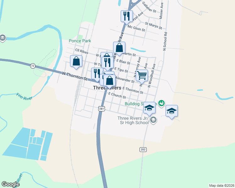 map of restaurants, bars, coffee shops, grocery stores, and more near 205 East Church Street in Three Rivers