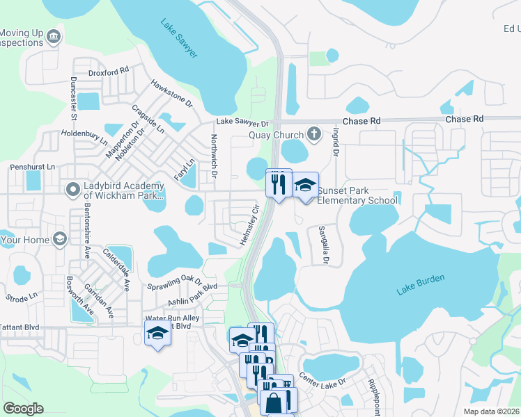 map of restaurants, bars, coffee shops, grocery stores, and more near 6645 Helmsley Circle in Windermere