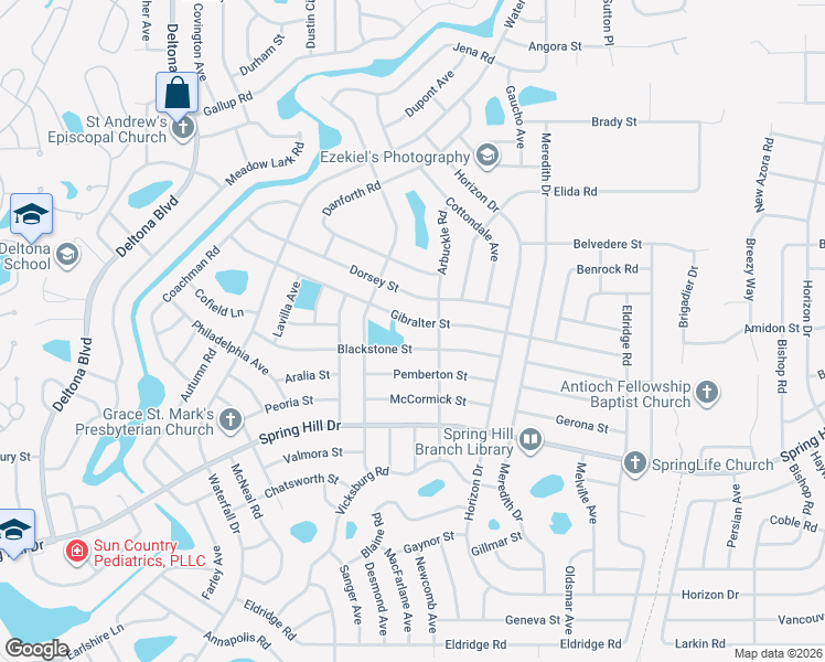 map of restaurants, bars, coffee shops, grocery stores, and more near 9054 Gibralter Street in Spring Hill