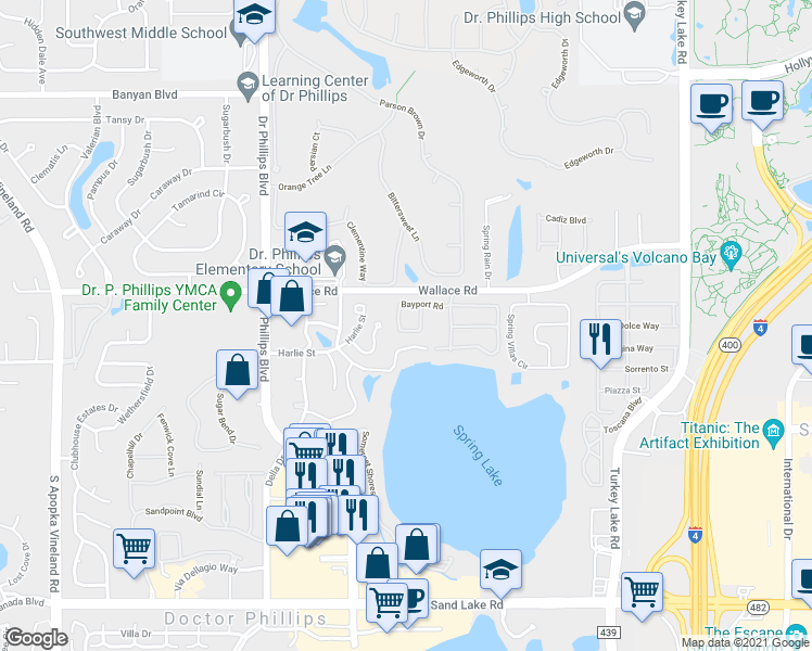 map of restaurants, bars, coffee shops, grocery stores, and more near 7548 Bayport Road in Orlando