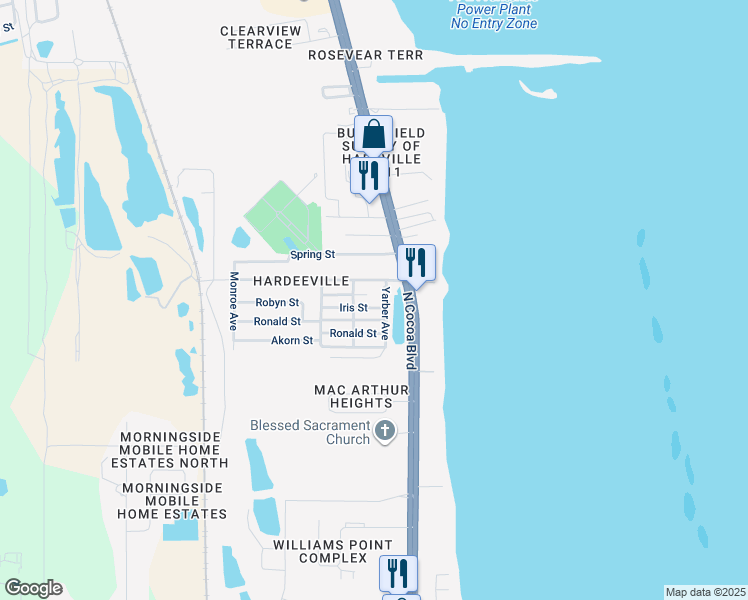 map of restaurants, bars, coffee shops, grocery stores, and more near 306 Iris Street in Cocoa