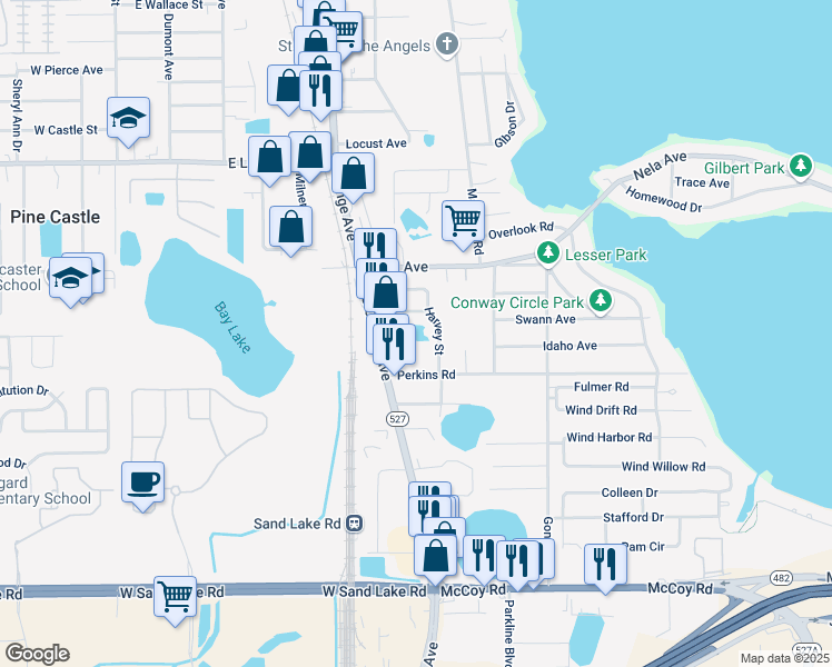 map of restaurants, bars, coffee shops, grocery stores, and more near 6636 Harvey Street in Orlando