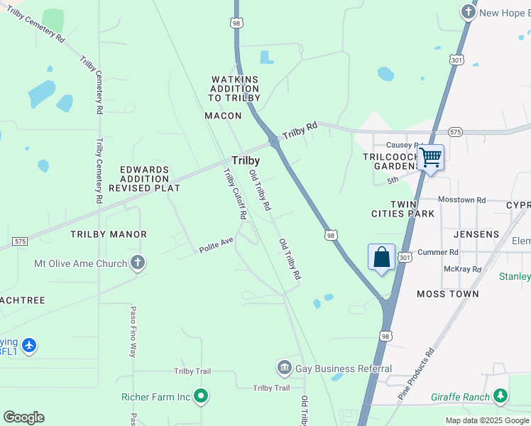 map of restaurants, bars, coffee shops, grocery stores, and more near 20703 Old Trilby Road in Dade City