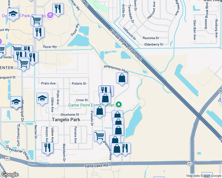map of restaurants, bars, coffee shops, grocery stores, and more near 7469 Kingspointe Parkway in Orlando