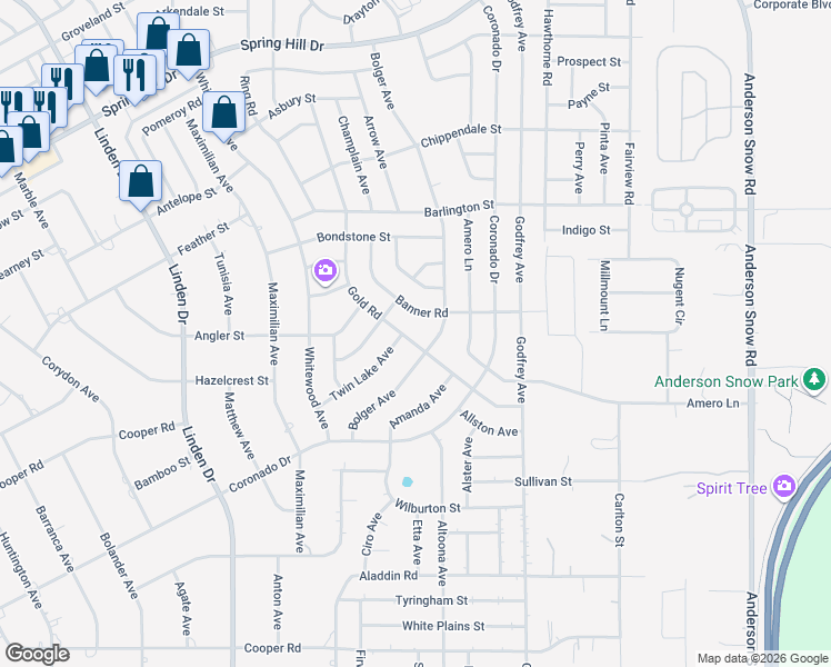 map of restaurants, bars, coffee shops, grocery stores, and more near 1501 Bolger Avenue in Spring Hill