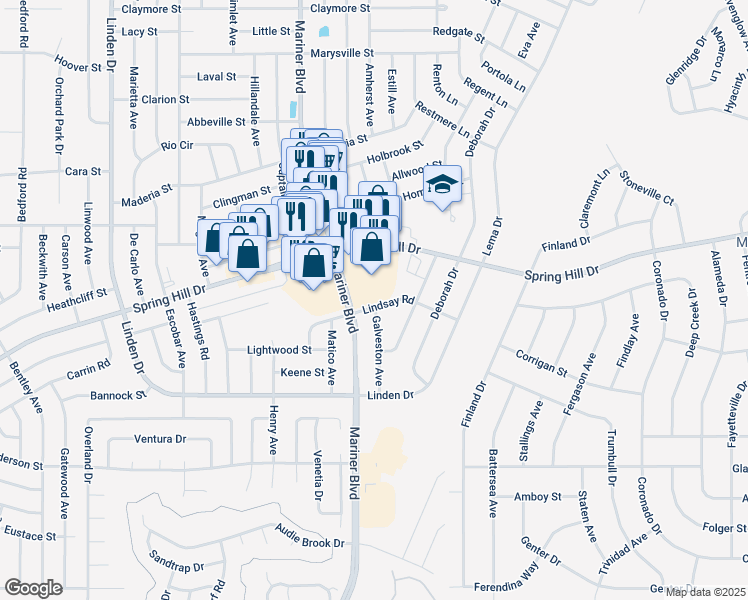 map of restaurants, bars, coffee shops, grocery stores, and more near 11189 Lindsay Road in Spring Hill