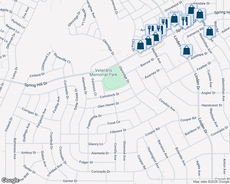 map of restaurants, bars, coffee shops, grocery stores, and more near 12295 Comstock Street in Spring Hill
