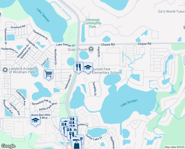 map of restaurants, bars, coffee shops, grocery stores, and more near 12050 Overstreet Road in Windermere