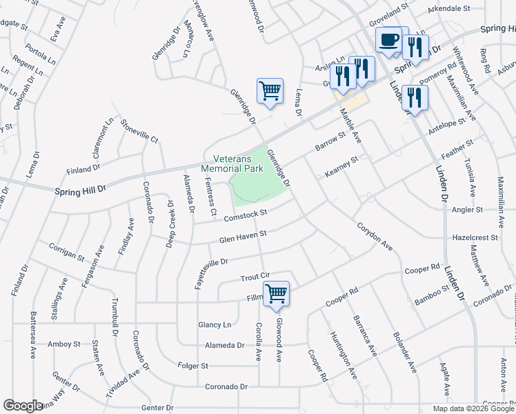 map of restaurants, bars, coffee shops, grocery stores, and more near 12295 Comstock Street in Spring Hill