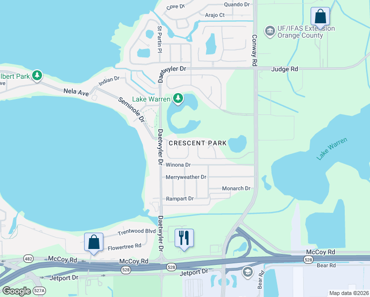 map of restaurants, bars, coffee shops, grocery stores, and more near 3652 Seminole Drive in Orlando