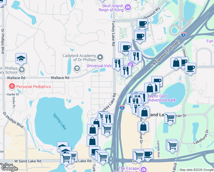 map of restaurants, bars, coffee shops, grocery stores, and more near 6826 Dolce Way in Orlando