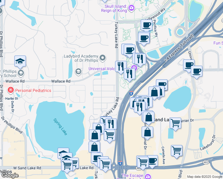 map of restaurants, bars, coffee shops, grocery stores, and more near 6825 Dolce Way in Orlando