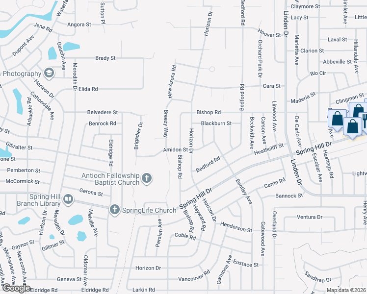 map of restaurants, bars, coffee shops, grocery stores, and more near 10433 Horizon Drive in Spring Hill