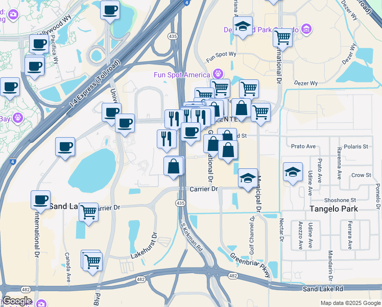 map of restaurants, bars, coffee shops, grocery stores, and more near 7055 S Kirkman Rd in Orlando