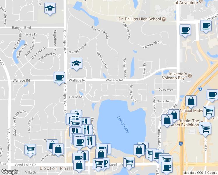 map of restaurants, bars, coffee shops, grocery stores, and more near 7020 Stonehedge Drive in Orlando