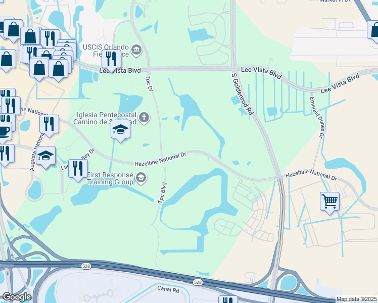 map of restaurants, bars, coffee shops, grocery stores, and more near 6557 Hazeltine National Drive in Orlando