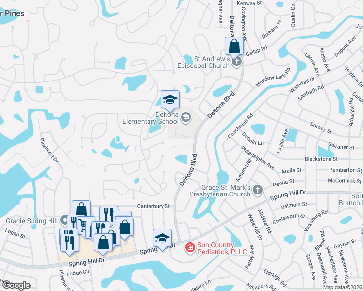 map of restaurants, bars, coffee shops, grocery stores, and more near Clipper Ct in Spring Hill