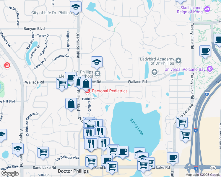 map of restaurants, bars, coffee shops, grocery stores, and more near 7342 Harlie Street in Orlando