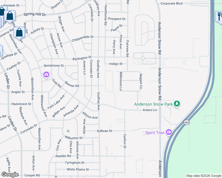 map of restaurants, bars, coffee shops, grocery stores, and more near 14144 Nugent Circle in Spring Hill