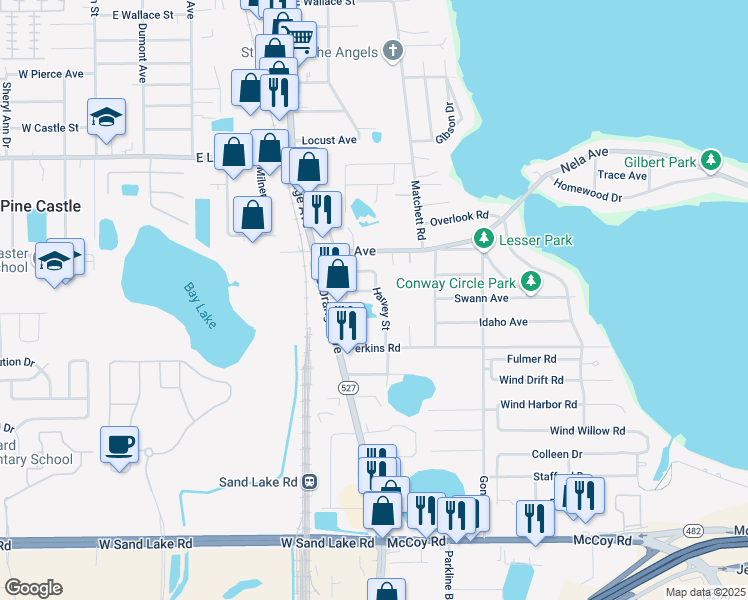 map of restaurants, bars, coffee shops, grocery stores, and more near 6636 Harvey Street in Orlando