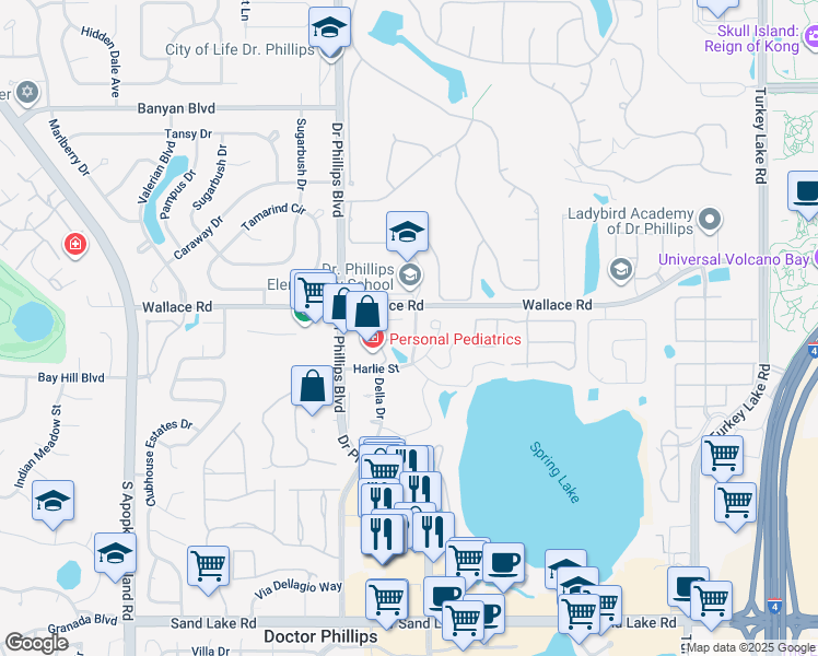 map of restaurants, bars, coffee shops, grocery stores, and more near 7700 Carriage Homes Drive in Orlando