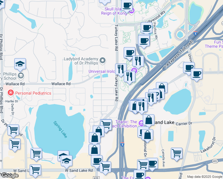 map of restaurants, bars, coffee shops, grocery stores, and more near 6828 Lucca Street in Orlando