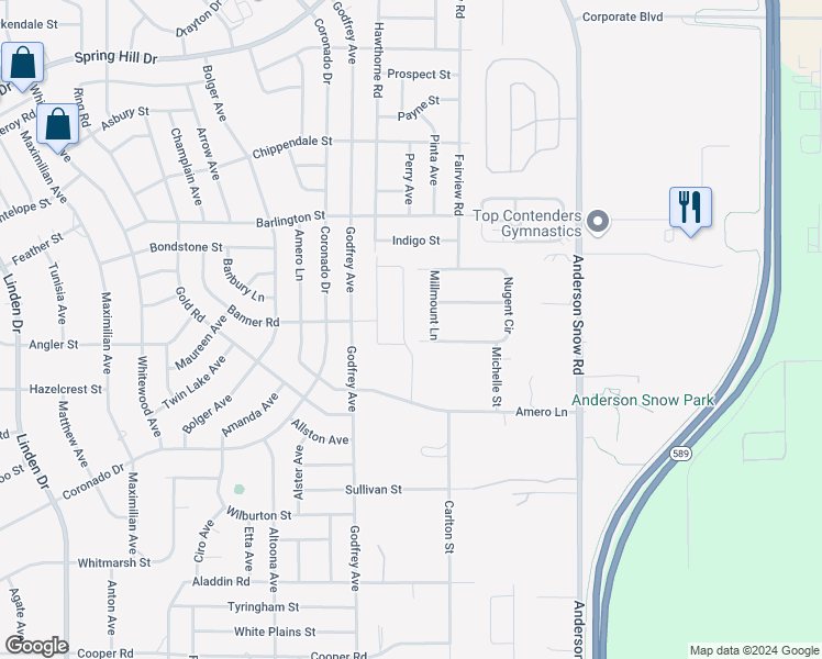 map of restaurants, bars, coffee shops, grocery stores, and more near 14144 Nugent Circle in Spring Hill