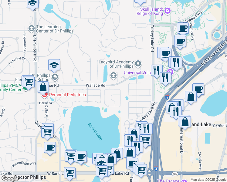 map of restaurants, bars, coffee shops, grocery stores, and more near 7011 Villa Estelle Drive in Orlando
